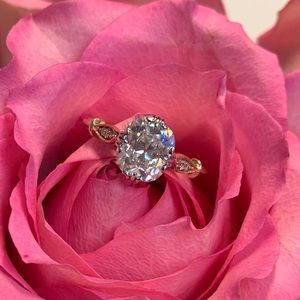 SOLD—8.5x7.5mm IJ color OMC Moissanite ring, 10k